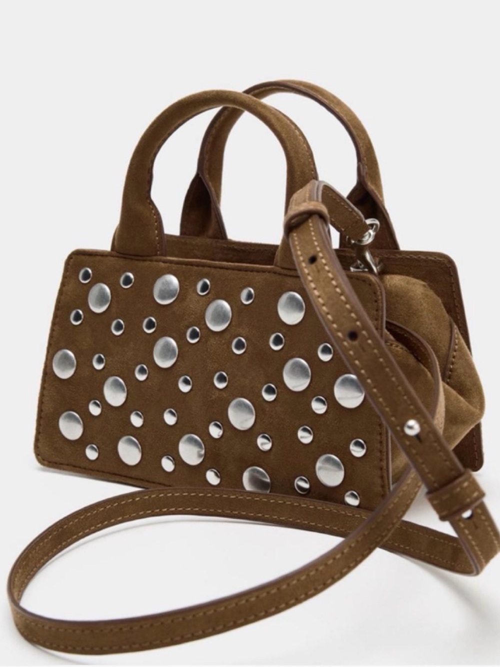 Zara Brown Suede Mini Tote with Silver Studs